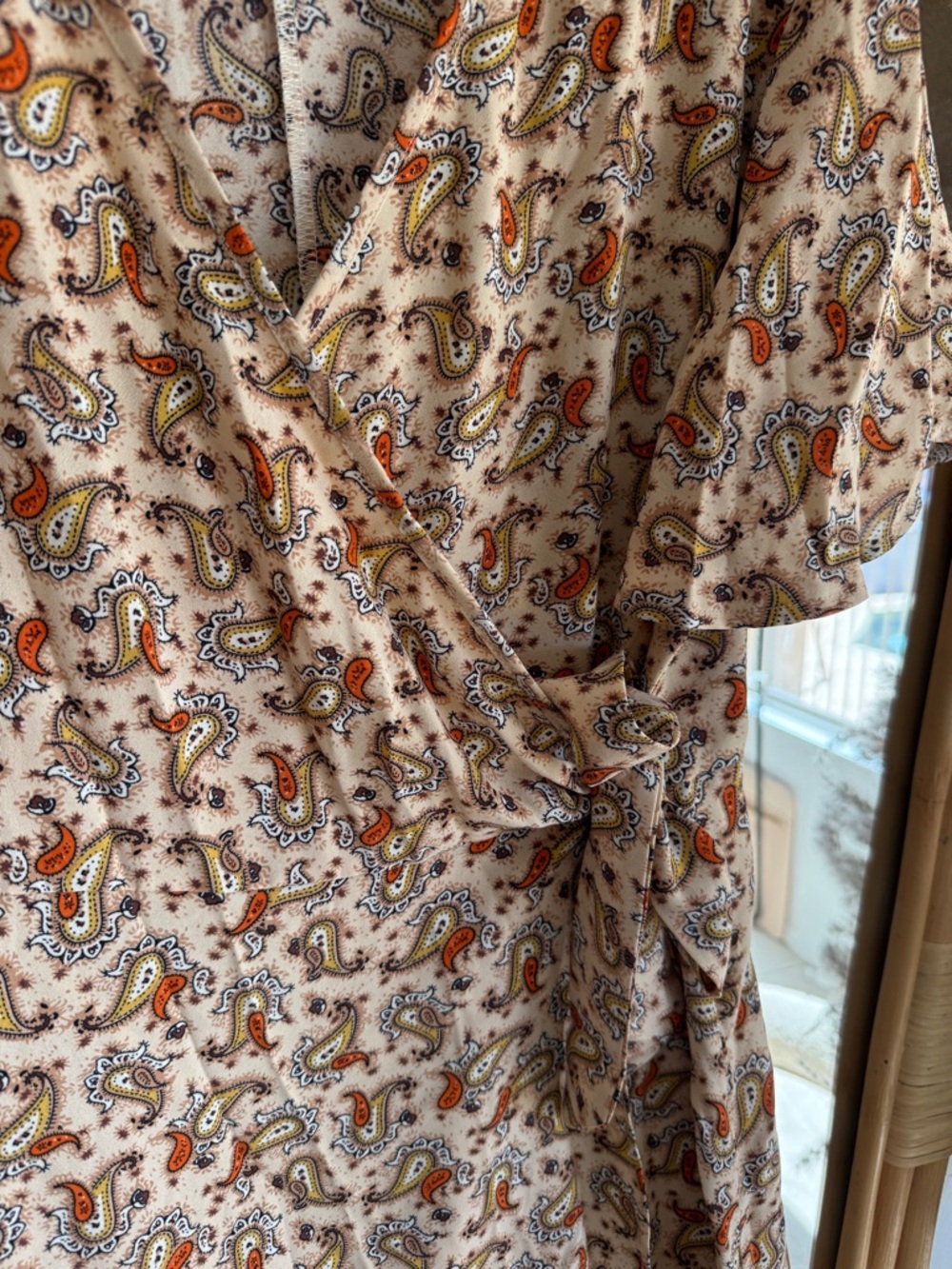 Beige Paisley Wrap Dress with Ruffle Hem - Picture 3 of 4
